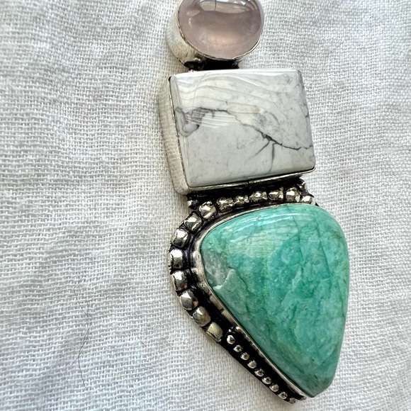 925 * FLAW* Rose Quartz + Howlite + Amazonite Necklace Pendant - Picture 5 of 9